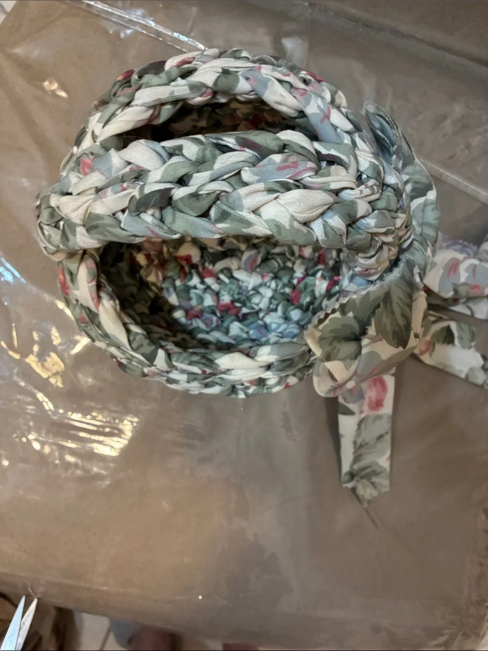 Woven Floral Fabric Basket with Bow Accent - Green Floral